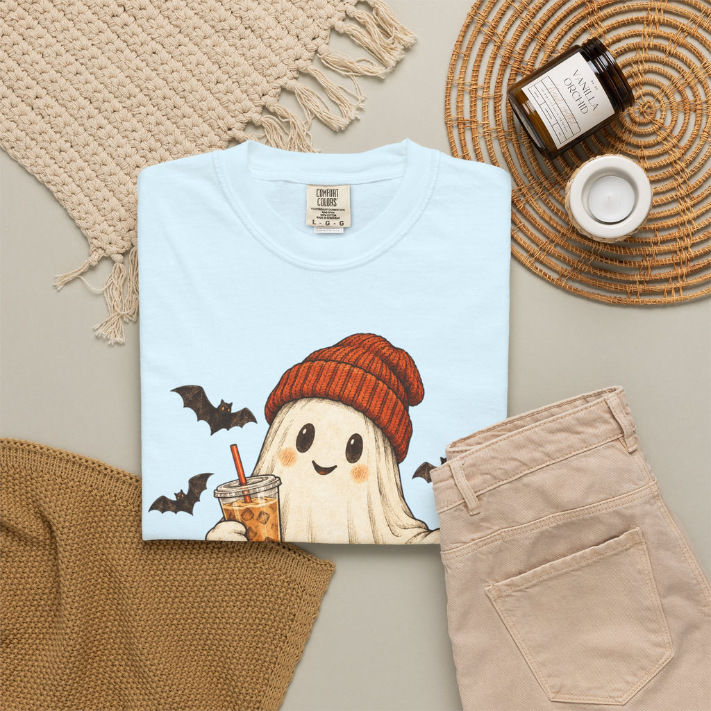 Halloween Ghost T-Shirt — Cute Ghost with Pumpkin & Coffee Graphic