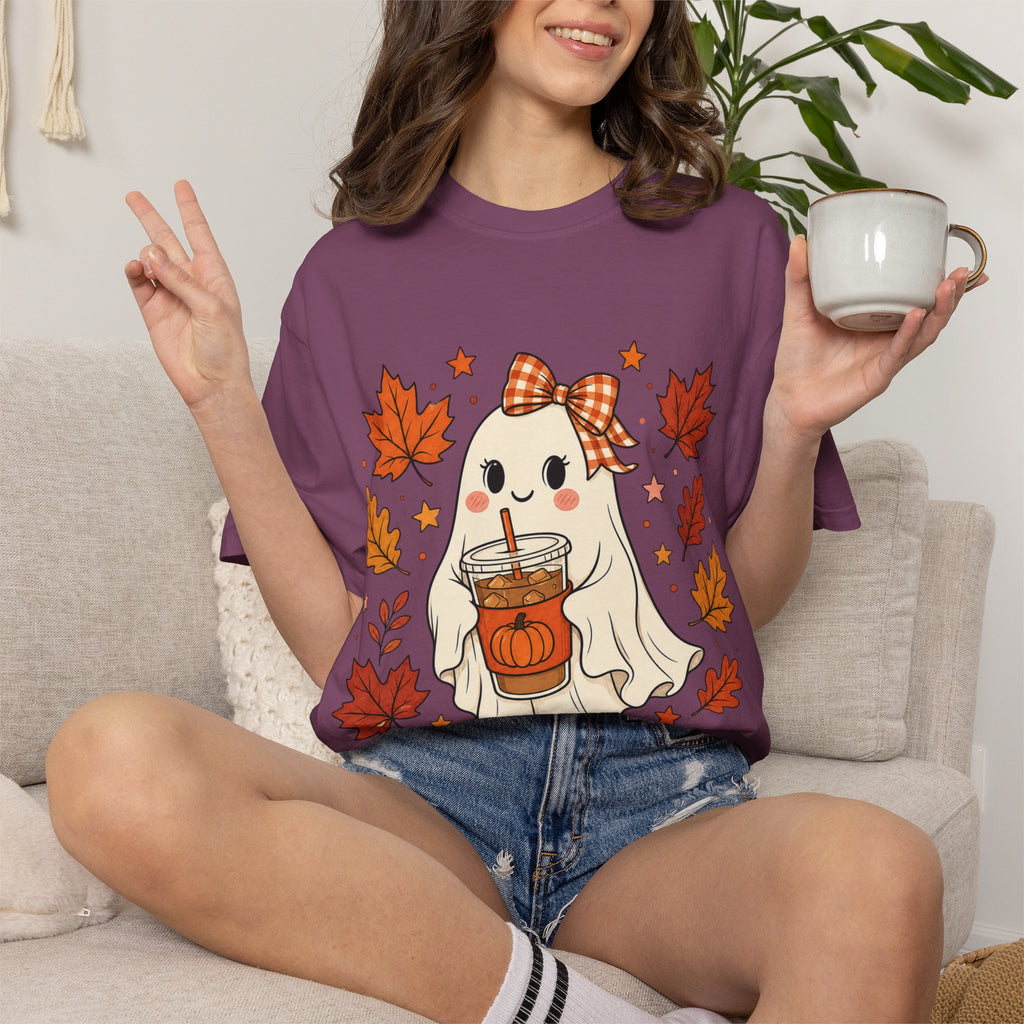 Cute Ghost Pumpkin Drink Tee — Fall Leaves Graphic T-Shirt