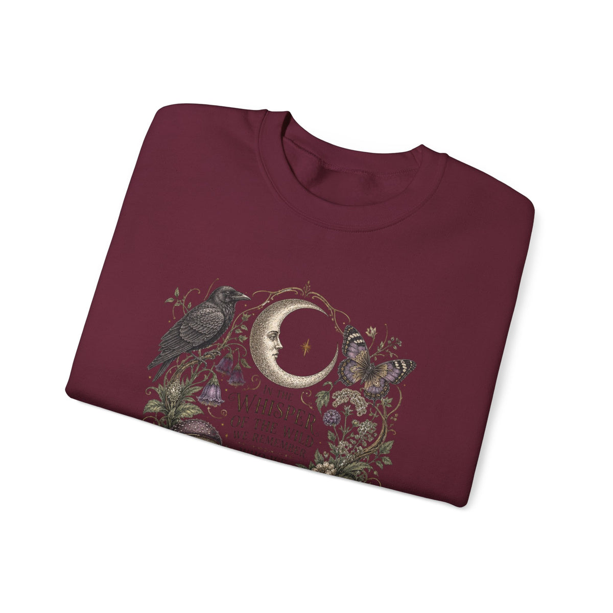 Mystic Moon & Mushroom Crewneck Sweatshirt — "Whisper to the Wild" Nature Graphic