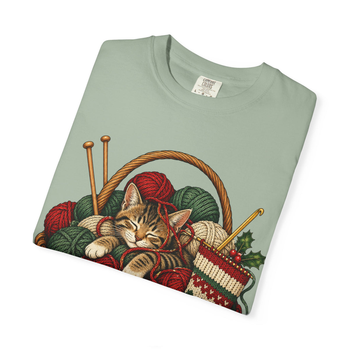 Cat in Yarn Basket T‑Shirt — Cozy Holiday Knitting Cat Tee
