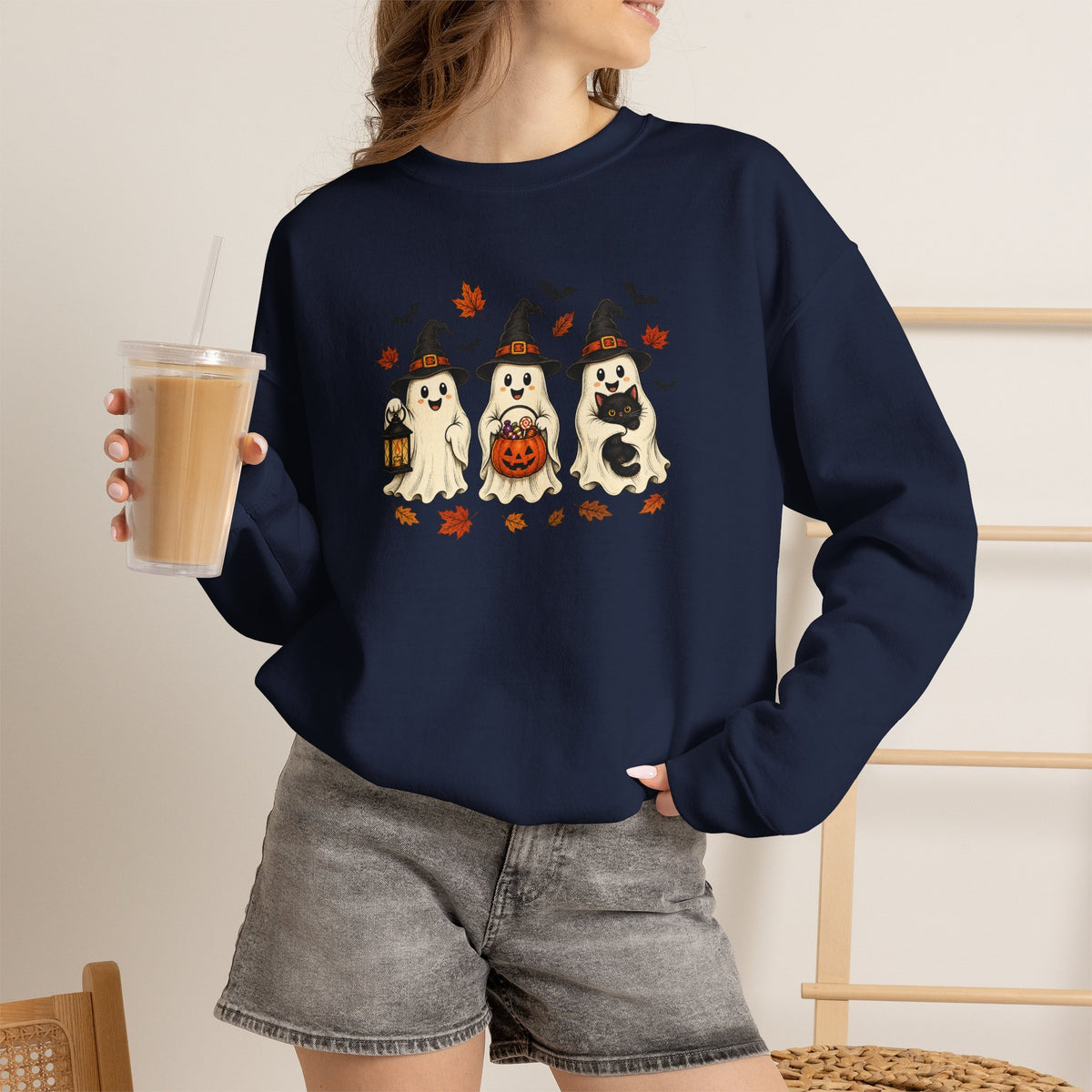 Halloween Puppy Ghosts Sweatshirt — Cute Dogs in Witch Hats with Jack-o'-Lantern