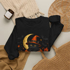 Halloween Black Cat Pumpkin Sweatshirt — Witch Hat, Moon & Bats Crewneck
