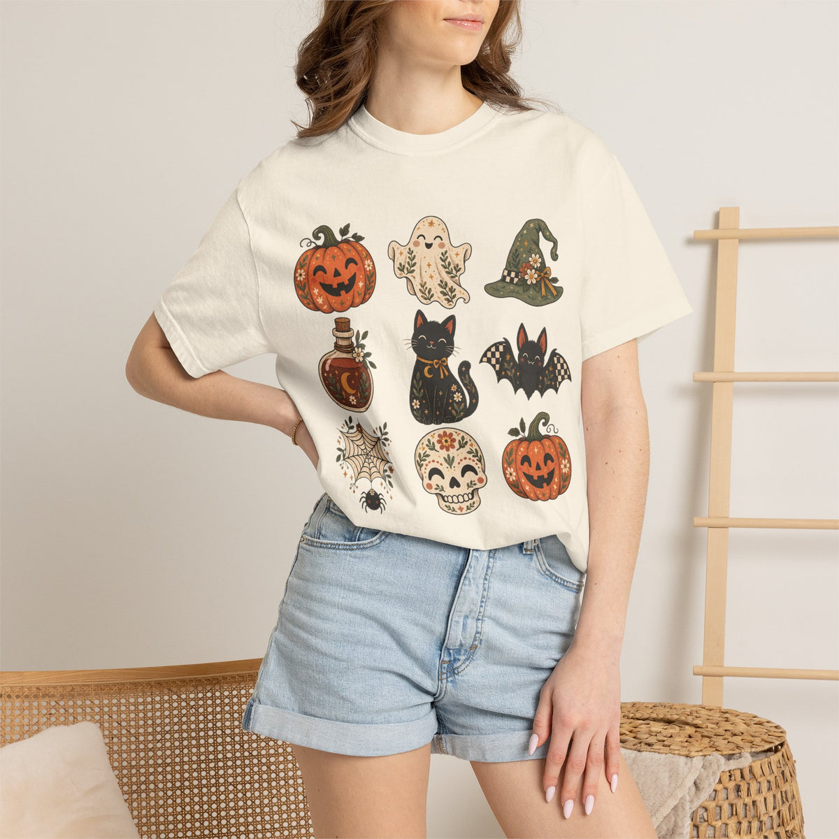 Halloween Icons T-Shirt — Cute Retro Pumpkins, Ghost, Cat & Skull Tee