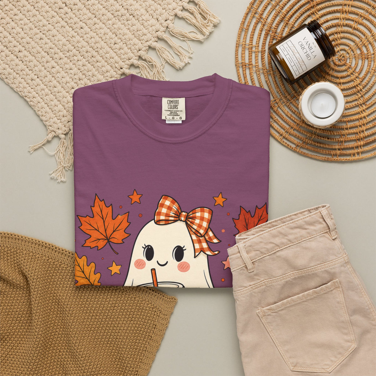 Cute Ghost Pumpkin Drink Tee — Fall Leaves Graphic T-Shirt