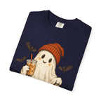 Halloween Ghost T-Shirt — Cute Ghost with Pumpkin & Coffee Graphic