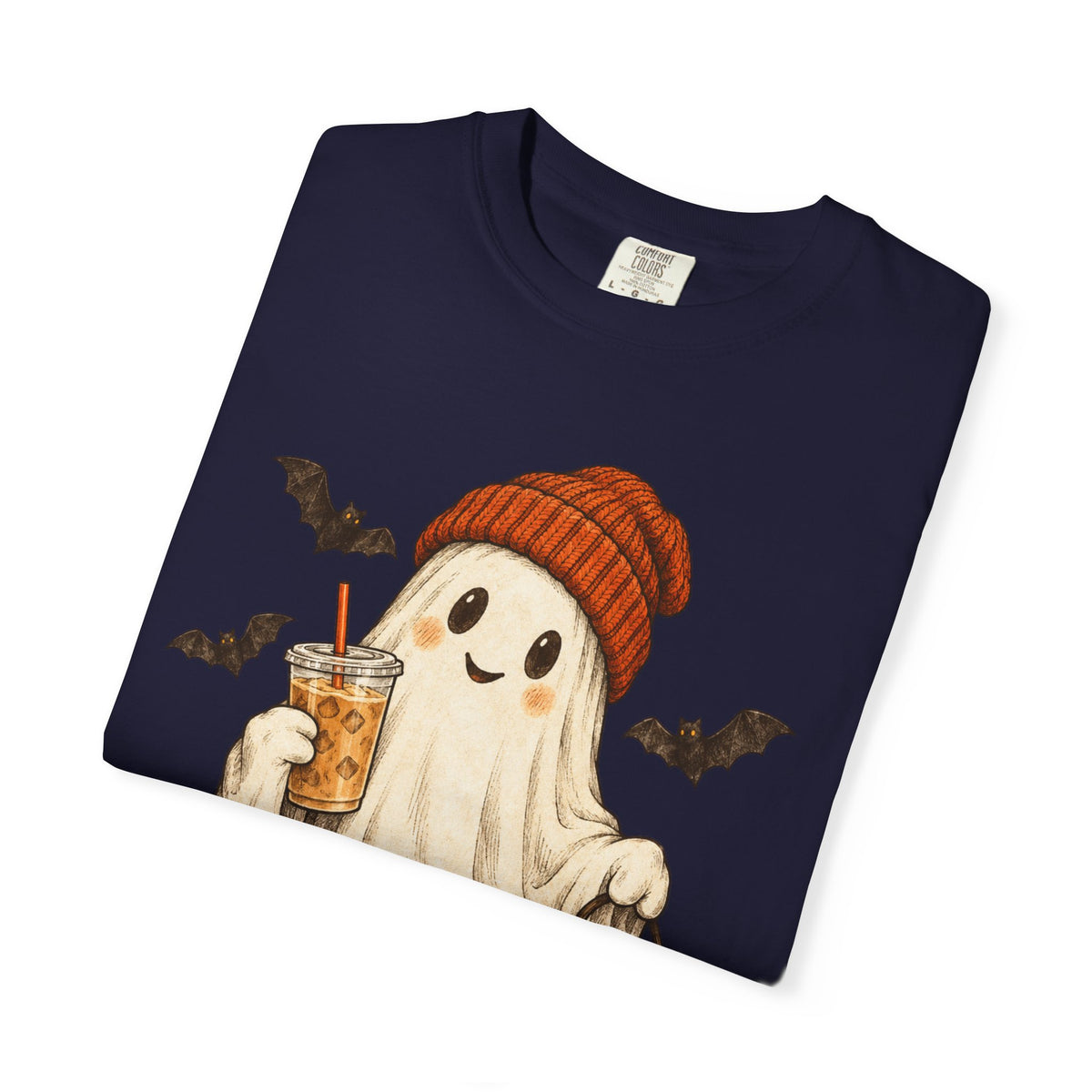 Halloween Ghost T-Shirt — Cute Ghost with Pumpkin & Coffee Graphic