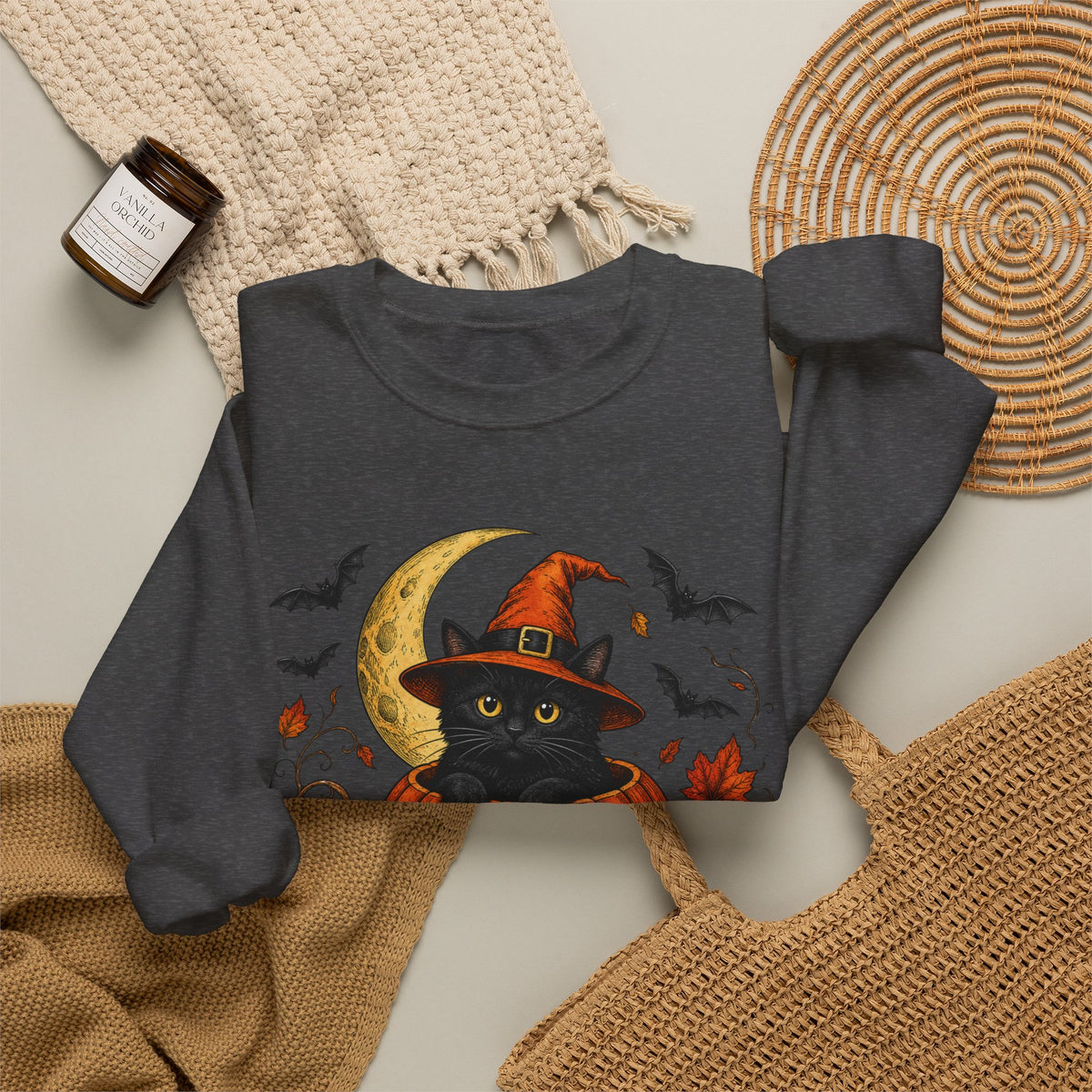 Halloween Black Cat Pumpkin Sweatshirt — Witch Hat, Moon & Bats Crewneck