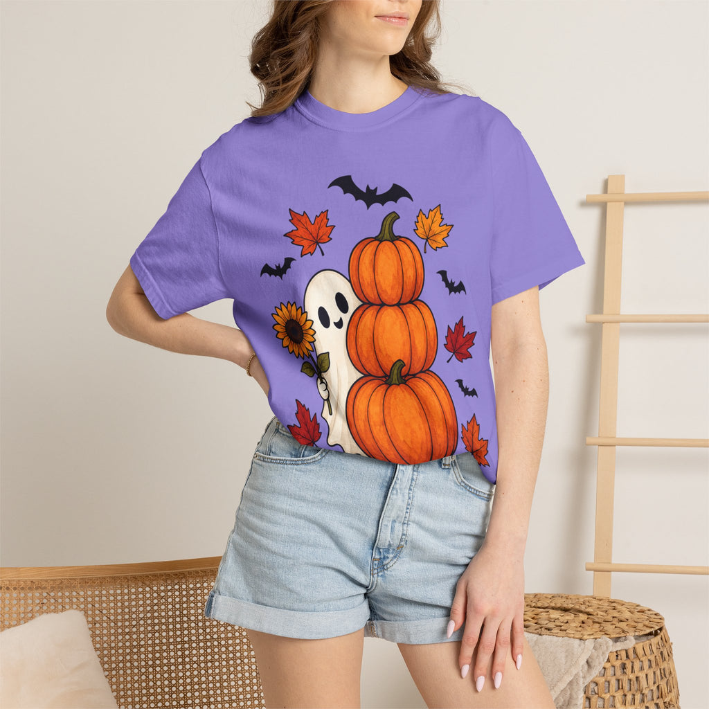 Halloween Pumpkin Stack T-Shirt — Cute Ghost, Sunflower & Falling Leaves Design
