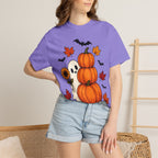 Halloween Pumpkin Stack T-Shirt — Cute Ghost, Sunflower & Falling Leaves Design
