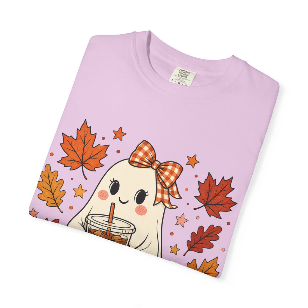 Cute Ghost Pumpkin Drink Tee — Fall Leaves Graphic T-Shirt