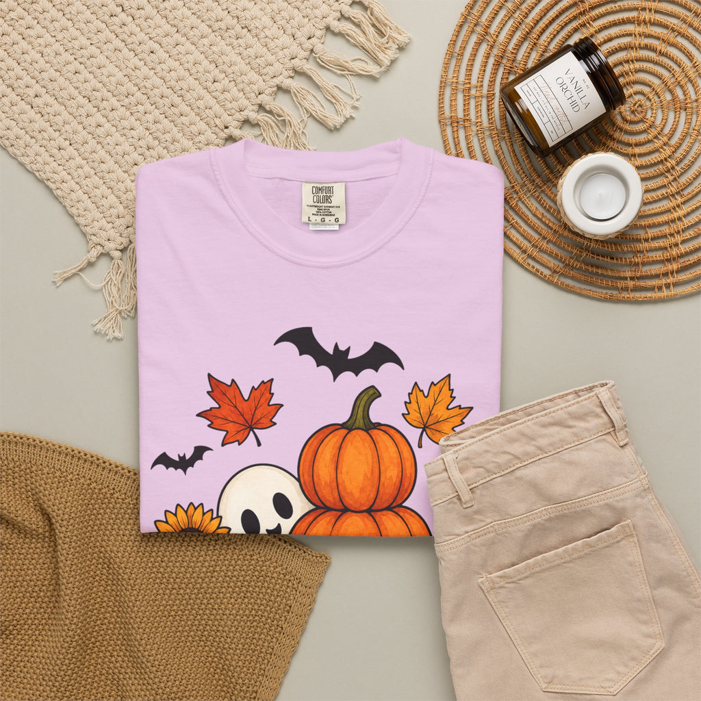 Halloween Pumpkin Stack T-Shirt — Cute Ghost, Sunflower & Falling Leaves Design