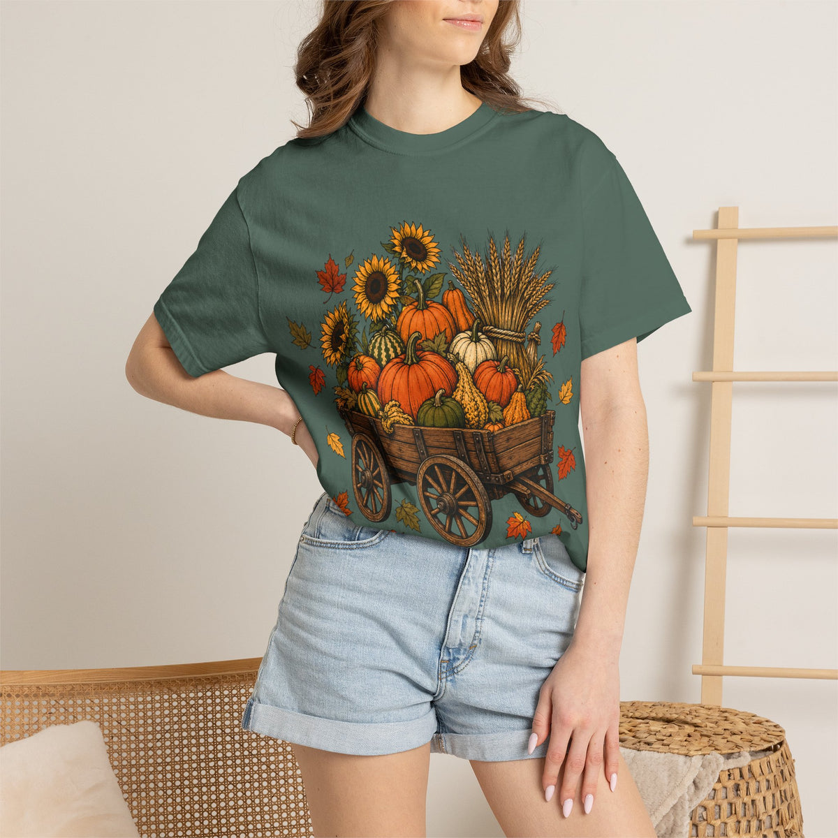 T-Shirt „Herbsternte-Wagen“ — Kürbis & Sonnenblume Herbst-T-Shirt