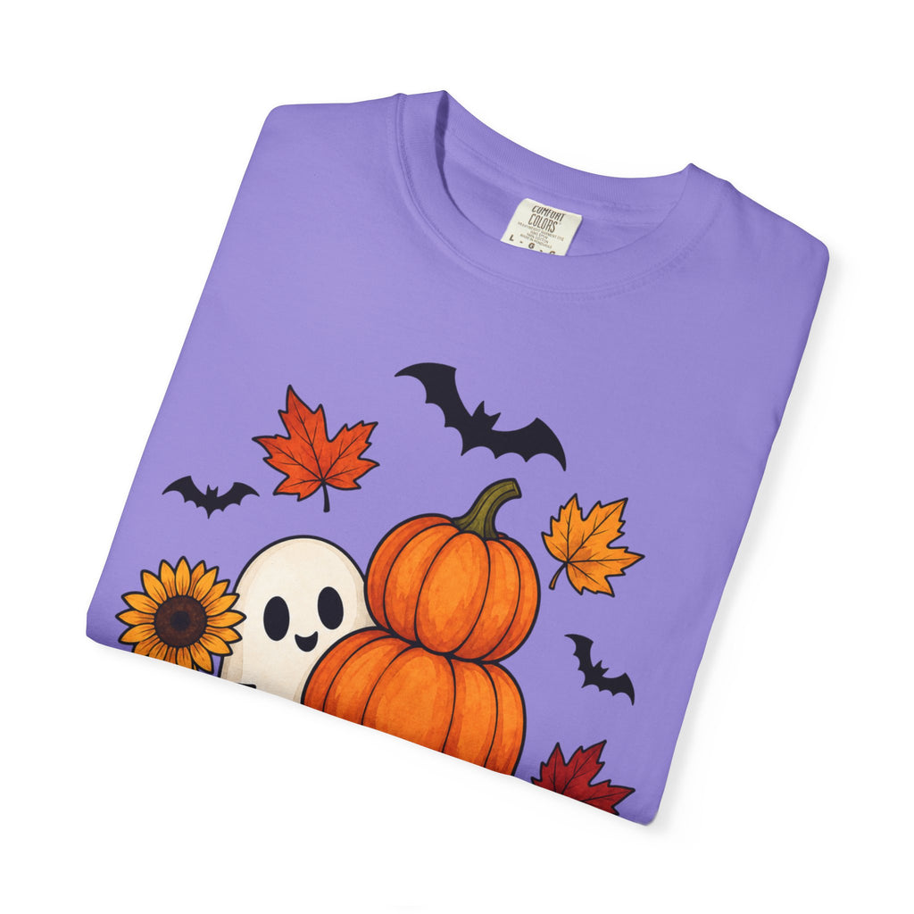 Halloween Pumpkin Stack T-Shirt — Cute Ghost, Sunflower & Falling Leaves Design