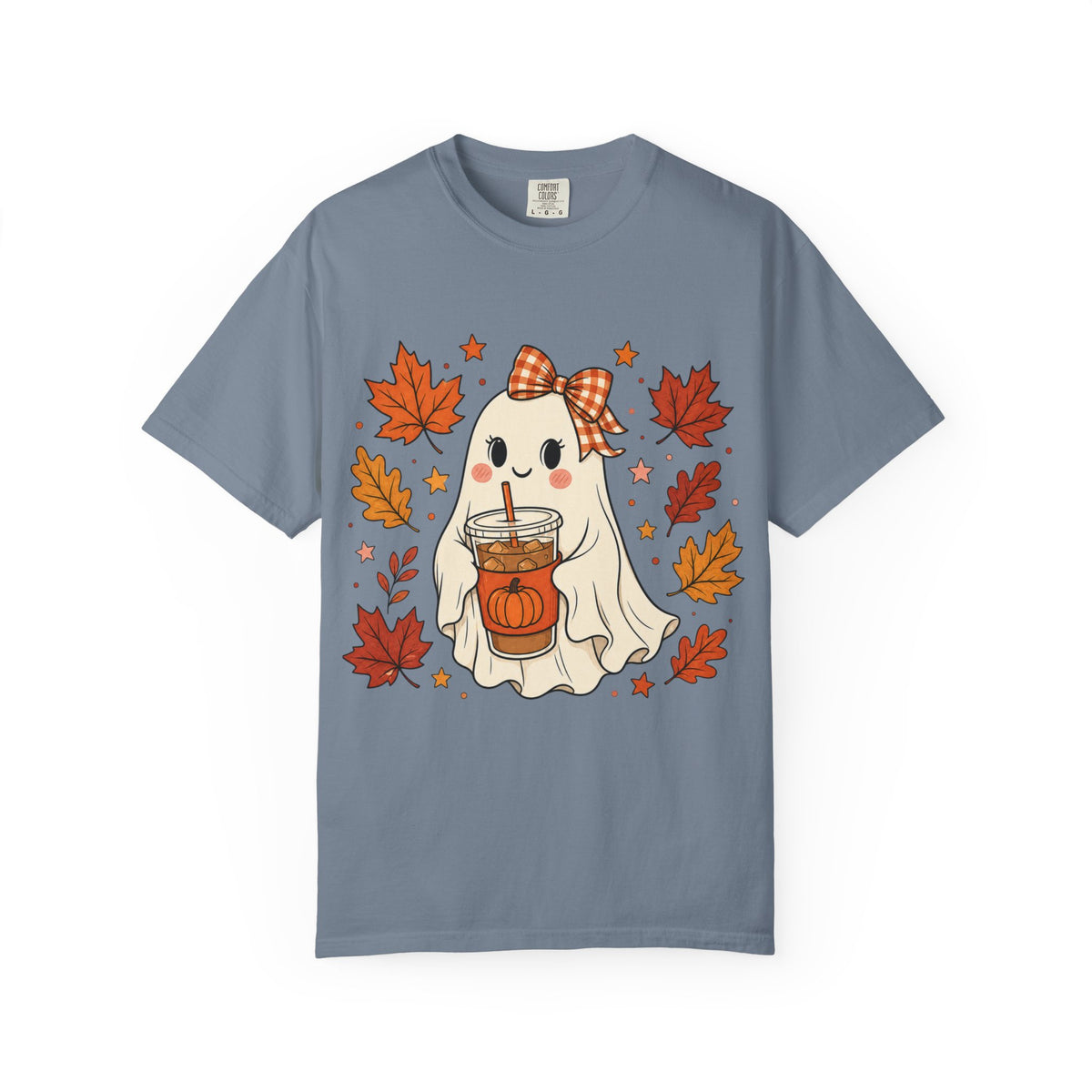 Cute Ghost Pumpkin Drink Tee — Fall Leaves Graphic T-Shirt