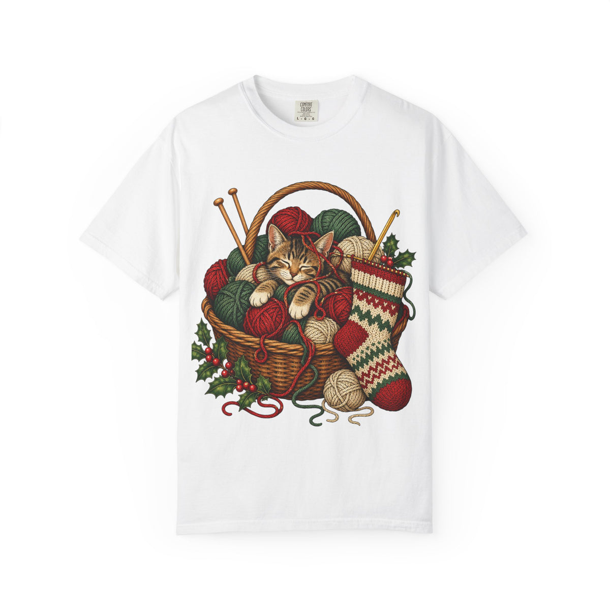 Cat in Yarn Basket T‑Shirt — Cozy Holiday Knitting Cat Tee