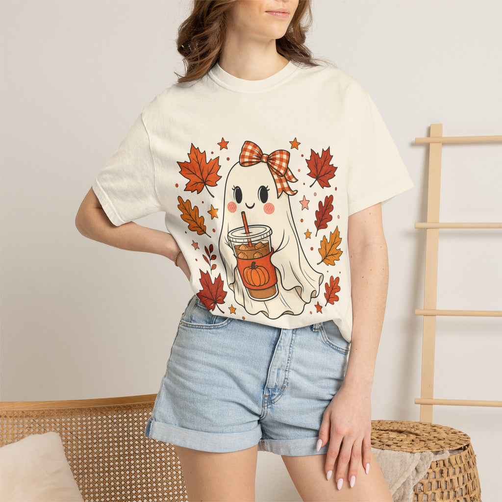 Cute Ghost Pumpkin Drink Tee — Fall Leaves Graphic T-Shirt