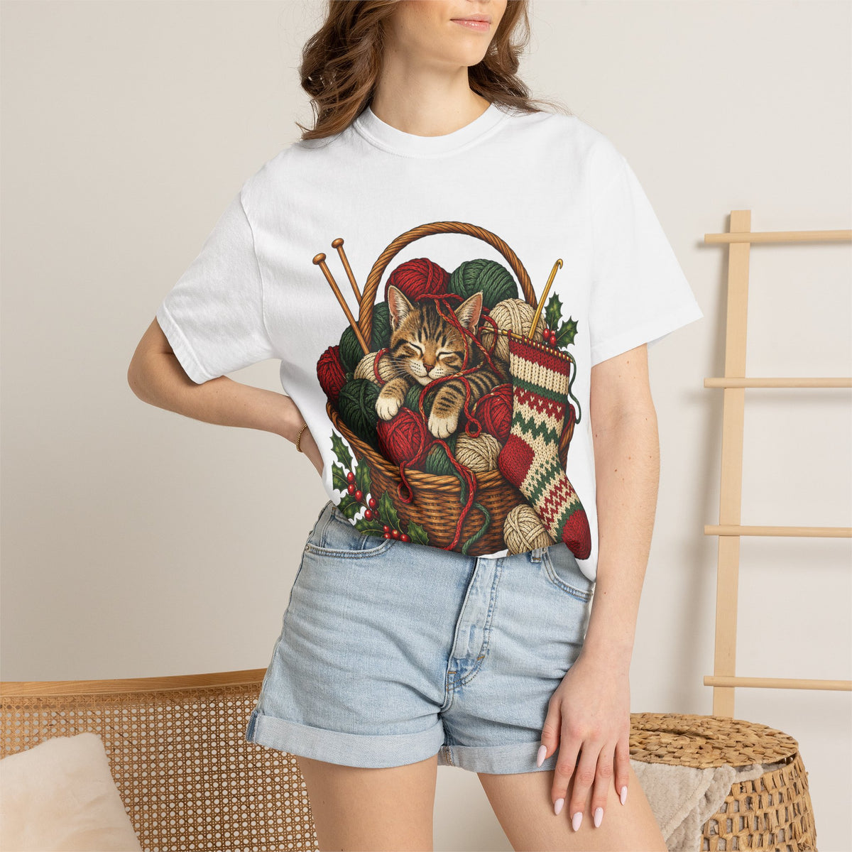 Cat in Yarn Basket T‑Shirt — Cozy Holiday Knitting Cat Tee