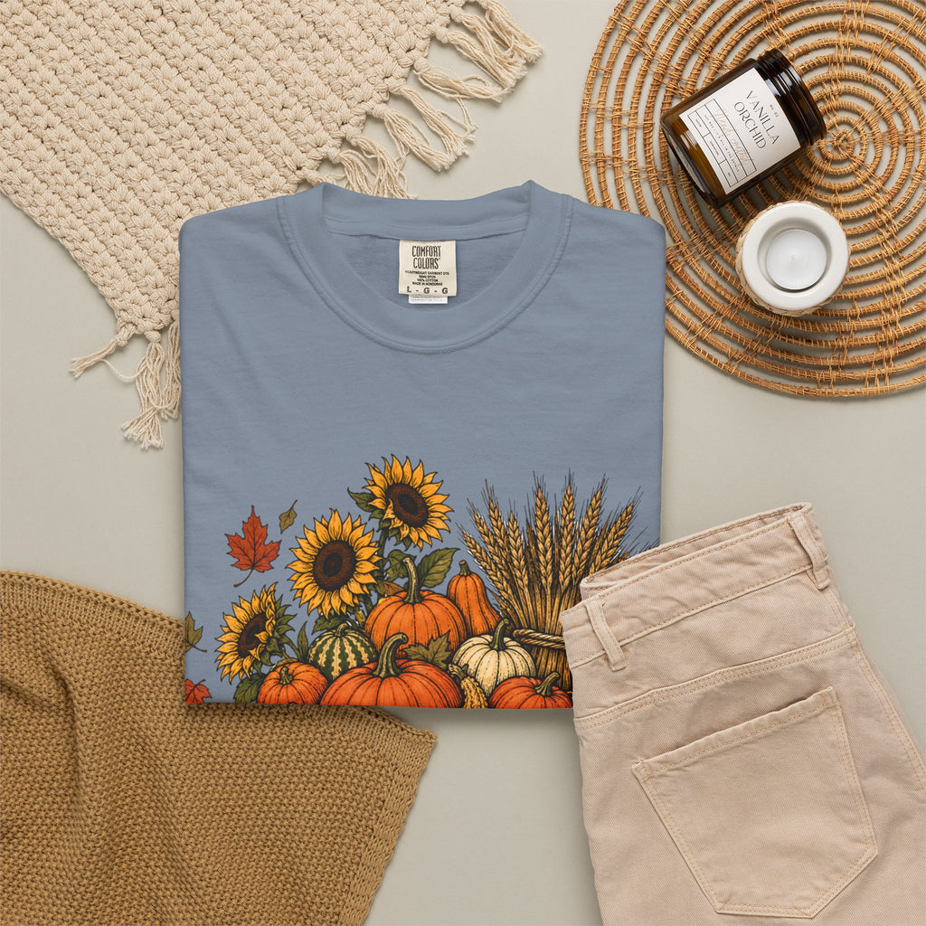 T-Shirt „Herbsternte-Wagen“ — Kürbis & Sonnenblume Herbst-T-Shirt