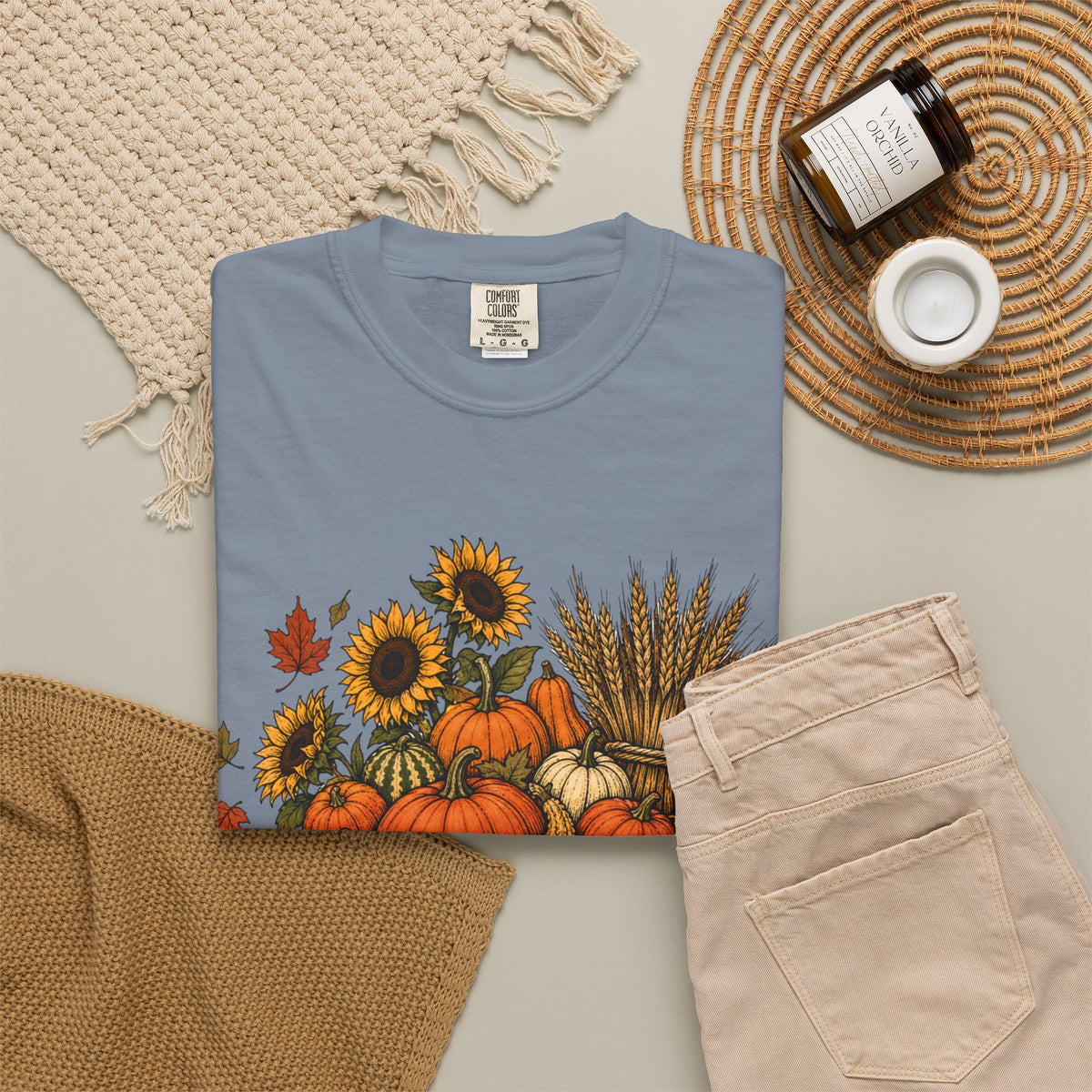T-Shirt „Herbsternte-Wagen“ — Kürbis & Sonnenblume Herbst-T-Shirt