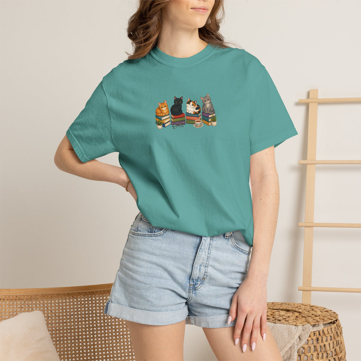 Cat Knit Crew T-Shirt — Cozy Cats Sitting Together Graphic Tee