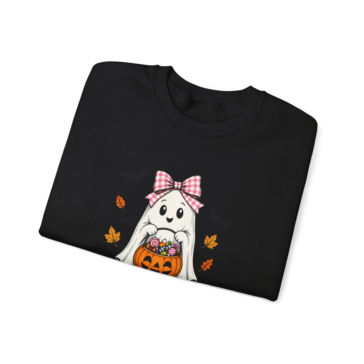 Cute Halloween Ghost Sweatshirt – Girl Ghost with Pumpkin Basket & Bats