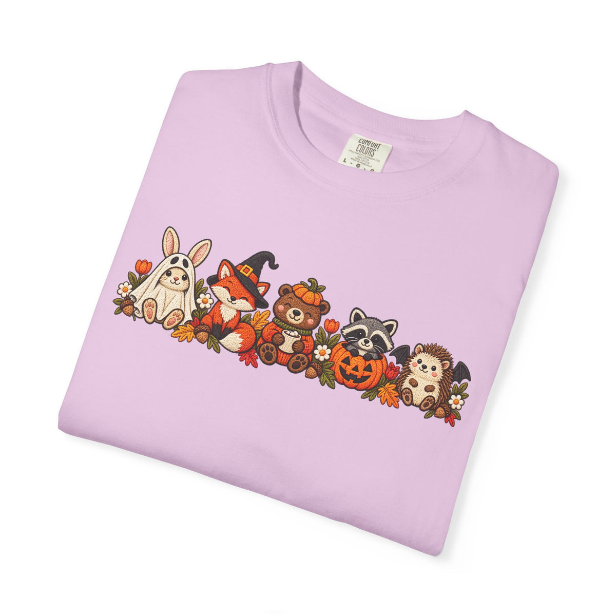 Halloween Critter Lineup T-Shirt — Cute Pumpkin, Witch & Bunny Spooky Crew