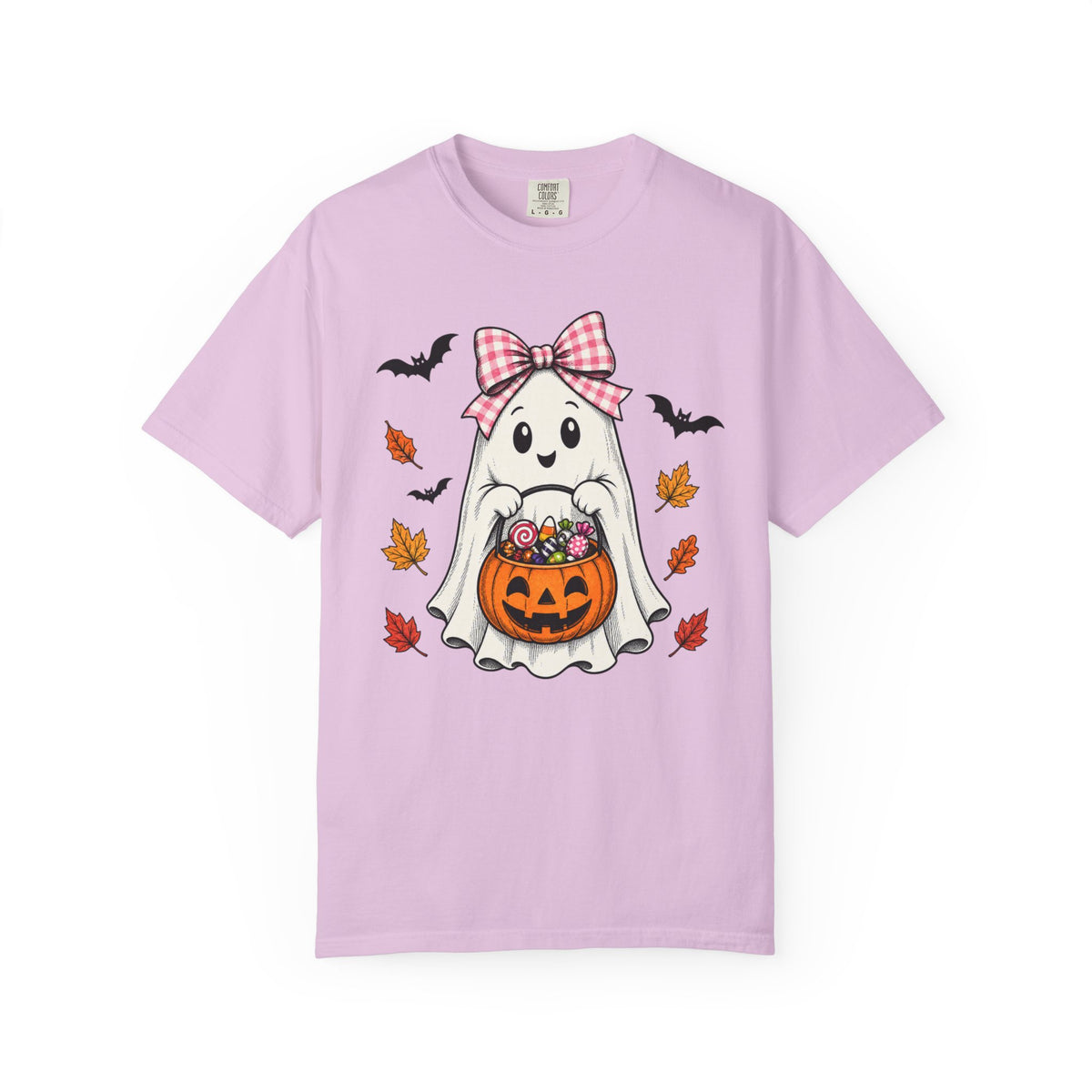 Cute Halloween Ghost T-Shirt — Trick-or-Treat Pumpkin & Bats