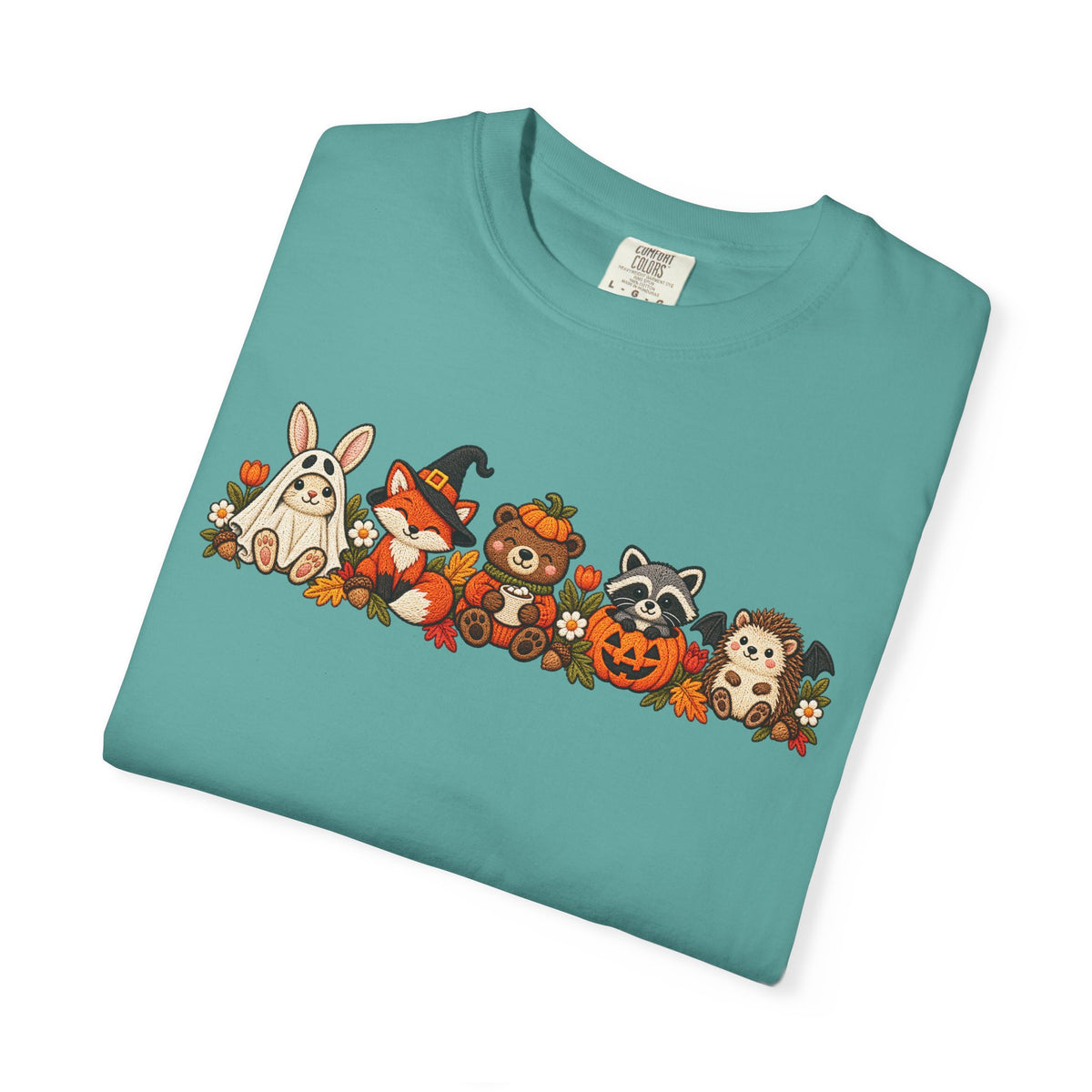 Halloween Critter Lineup T-Shirt — Cute Pumpkin, Witch & Bunny Spooky Crew