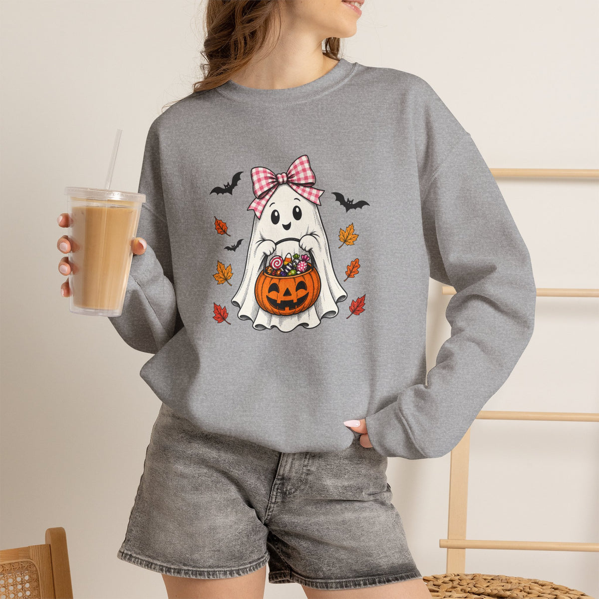 Cute Halloween Ghost Sweatshirt – Girl Ghost with Pumpkin Basket & Bats