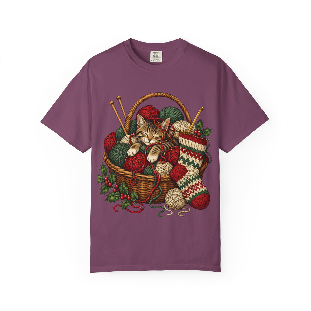 Cat in Yarn Basket T‑Shirt — Cozy Holiday Knitting Cat Tee