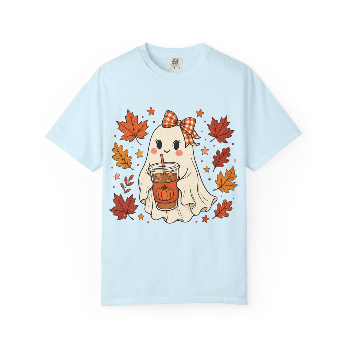 Cute Ghost Pumpkin Drink Tee — Fall Leaves Graphic T-Shirt