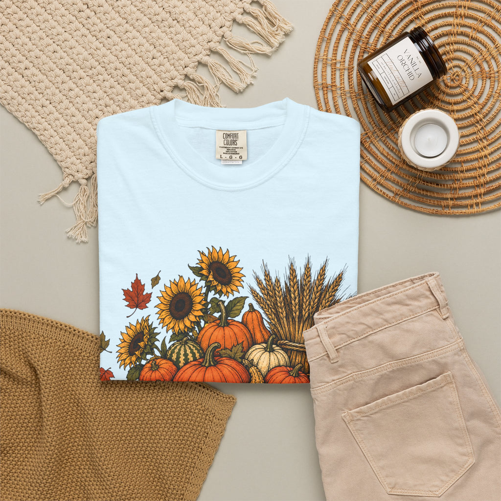 T-Shirt „Herbsternte-Wagen“ — Kürbis & Sonnenblume Herbst-T-Shirt
