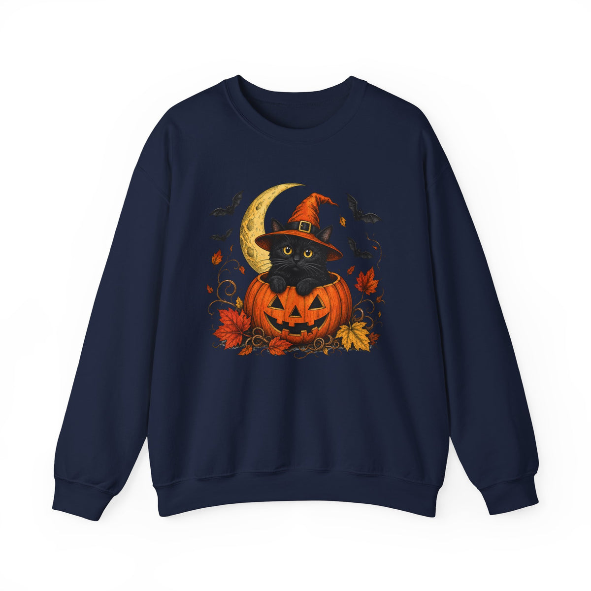 Halloween Black Cat Pumpkin Sweatshirt — Witch Hat, Moon & Bats Crewneck