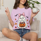 Cute Halloween Ghost T-Shirt — Trick-or-Treat Pumpkin & Bats