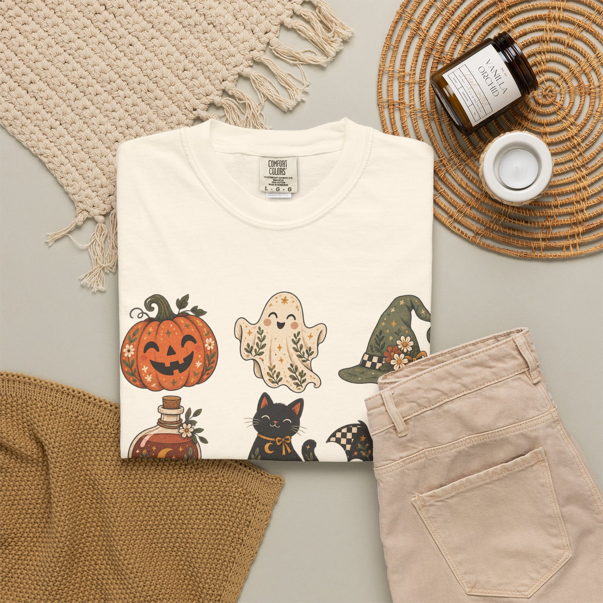 Halloween Icons T-Shirt — Cute Retro Pumpkins, Ghost, Cat & Skull Tee
