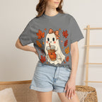 Cute Ghost Pumpkin Drink Tee — Fall Leaves Graphic T-Shirt
