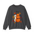 Halloween Pumpkin Stack Crewneck Sweatshirt — Ghost, Sunflower & Falling Leaves Design