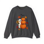 Halloween Pumpkin Stack Crewneck Sweatshirt — Ghost, Sunflower & Falling Leaves Design