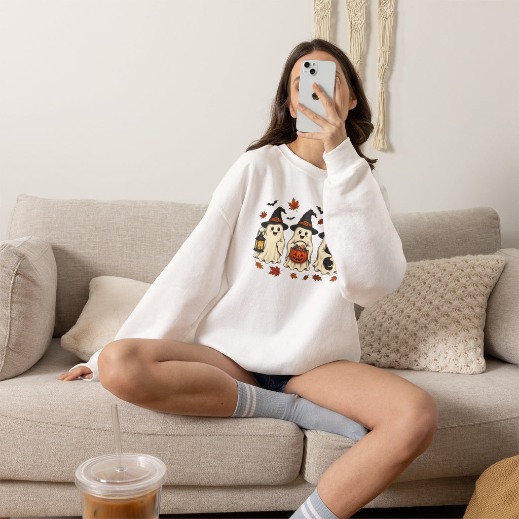 Halloween Puppy Ghosts Sweatshirt — Cute Dogs in Witch Hats with Jack-o'-Lantern