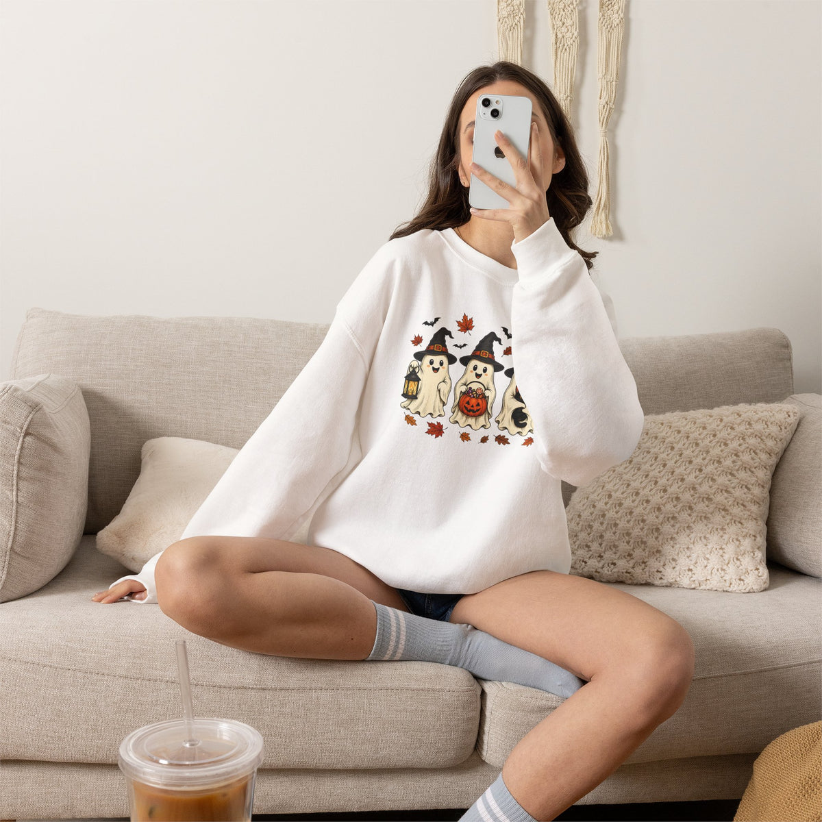 Halloween Puppy Ghosts Sweatshirt — Cute Dogs in Witch Hats with Jack-o'-Lantern