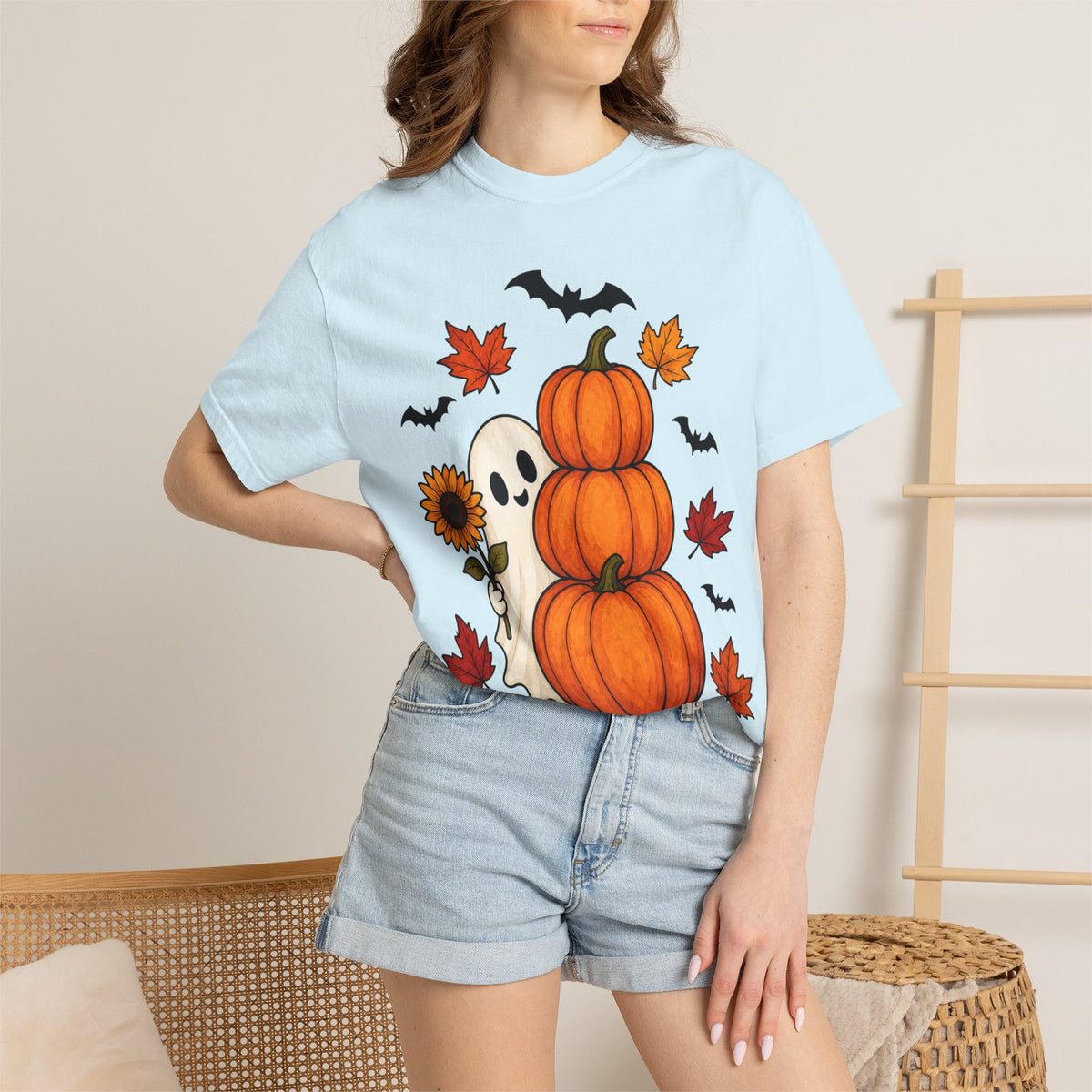 Halloween Pumpkin Stack T-Shirt — Cute Ghost, Sunflower & Falling Leaves Design
