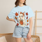 Cute Ghost Pumpkin Drink Tee — Fall Leaves Graphic T-Shirt