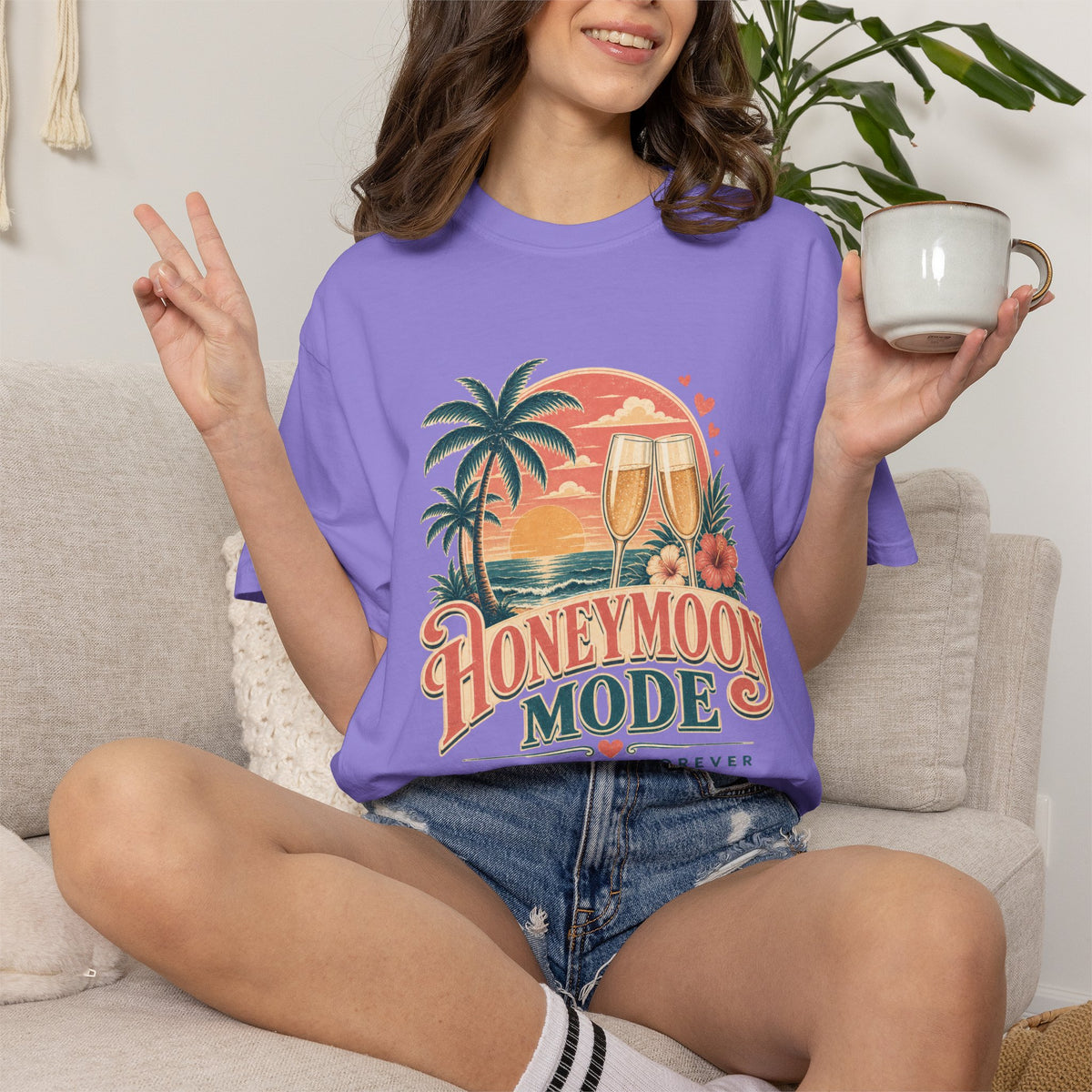 Honeymoon Mode T-Shirt — Tropical Sunset Couple Vacation Tee