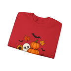 Halloween Pumpkin Stack Crewneck Sweatshirt — Ghost, Sunflower & Falling Leaves Design