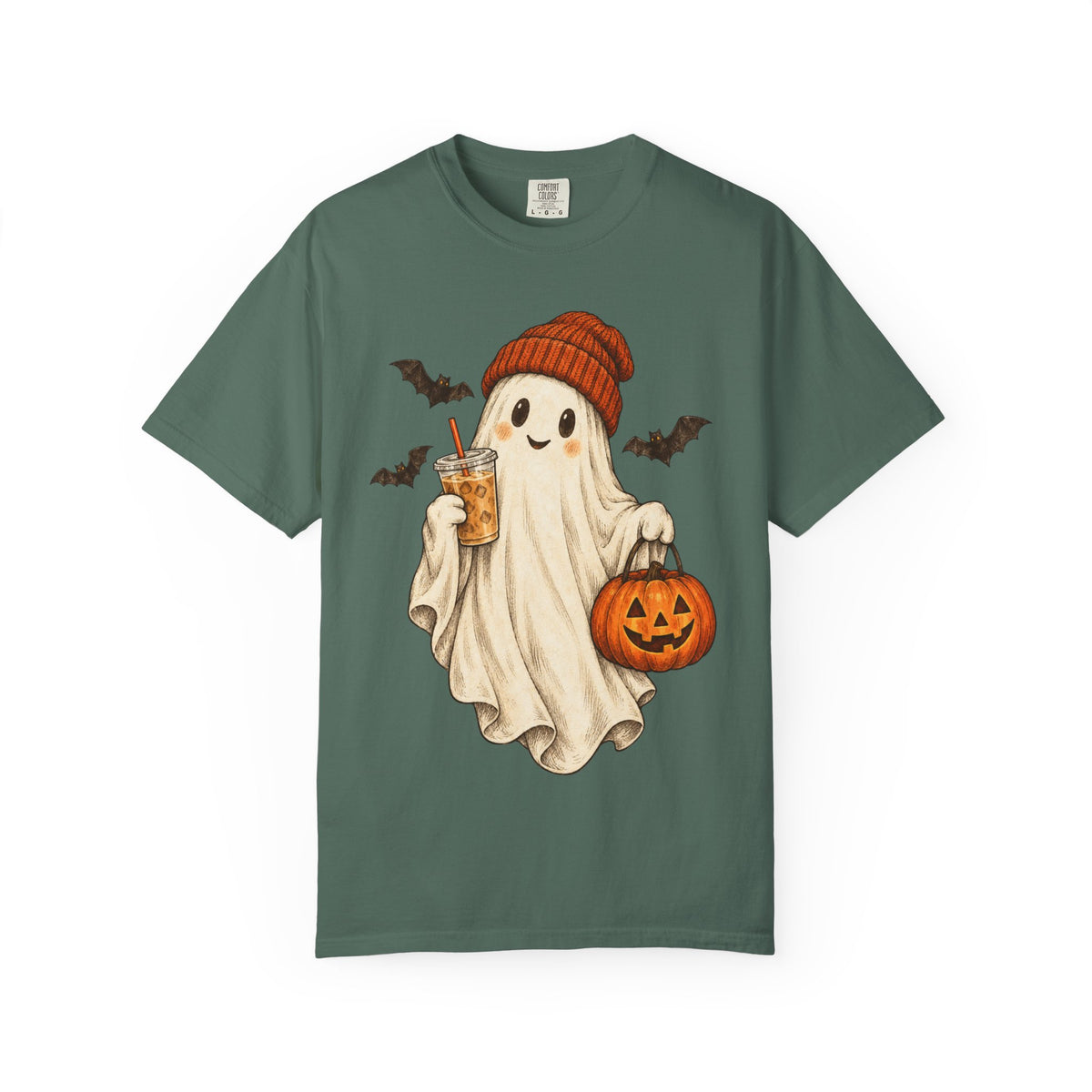 Halloween Ghost T-Shirt — Cute Ghost with Pumpkin & Coffee Graphic