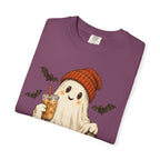 Halloween Ghost T-Shirt — Cute Ghost with Pumpkin & Coffee Graphic