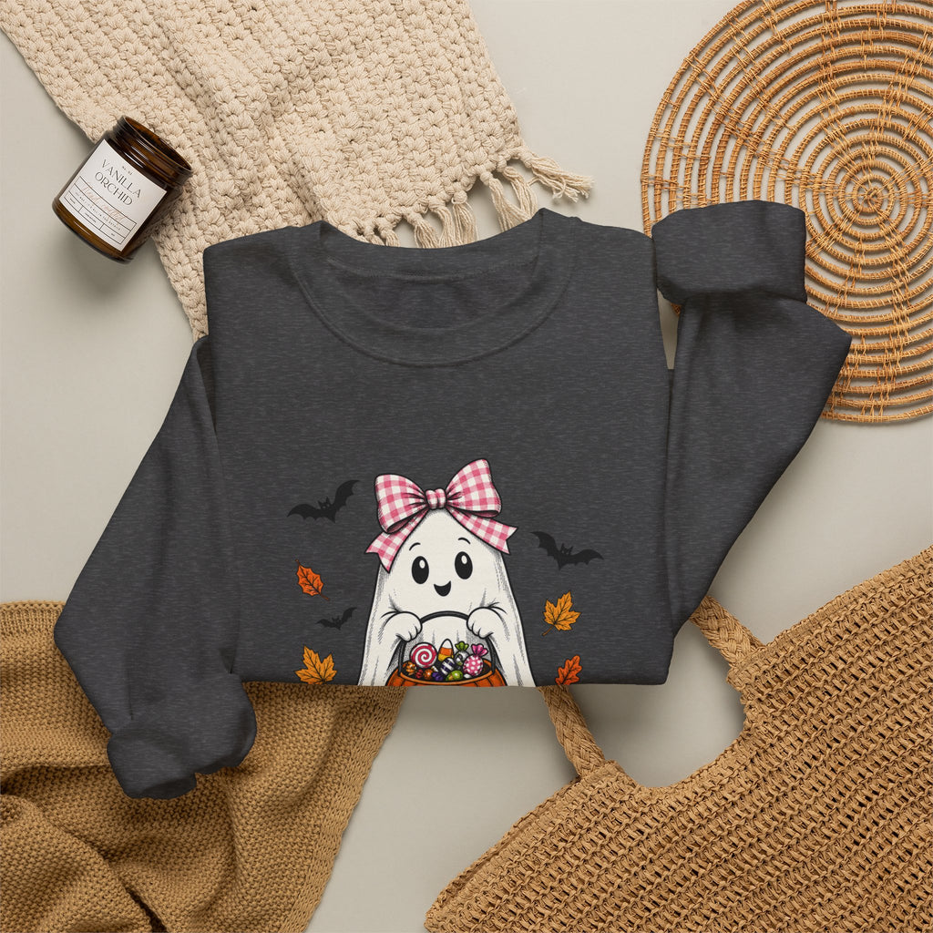 Cute Halloween Ghost Sweatshirt – Girl Ghost with Pumpkin Basket & Bats