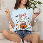 Cute Halloween Ghost T-Shirt — Trick-or-Treat Pumpkin & Bats