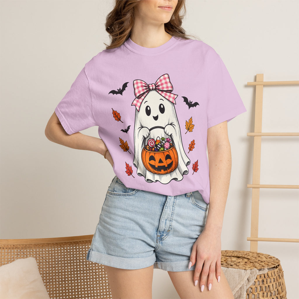 Cute Halloween Ghost T-Shirt — Trick-or-Treat Pumpkin & Bats