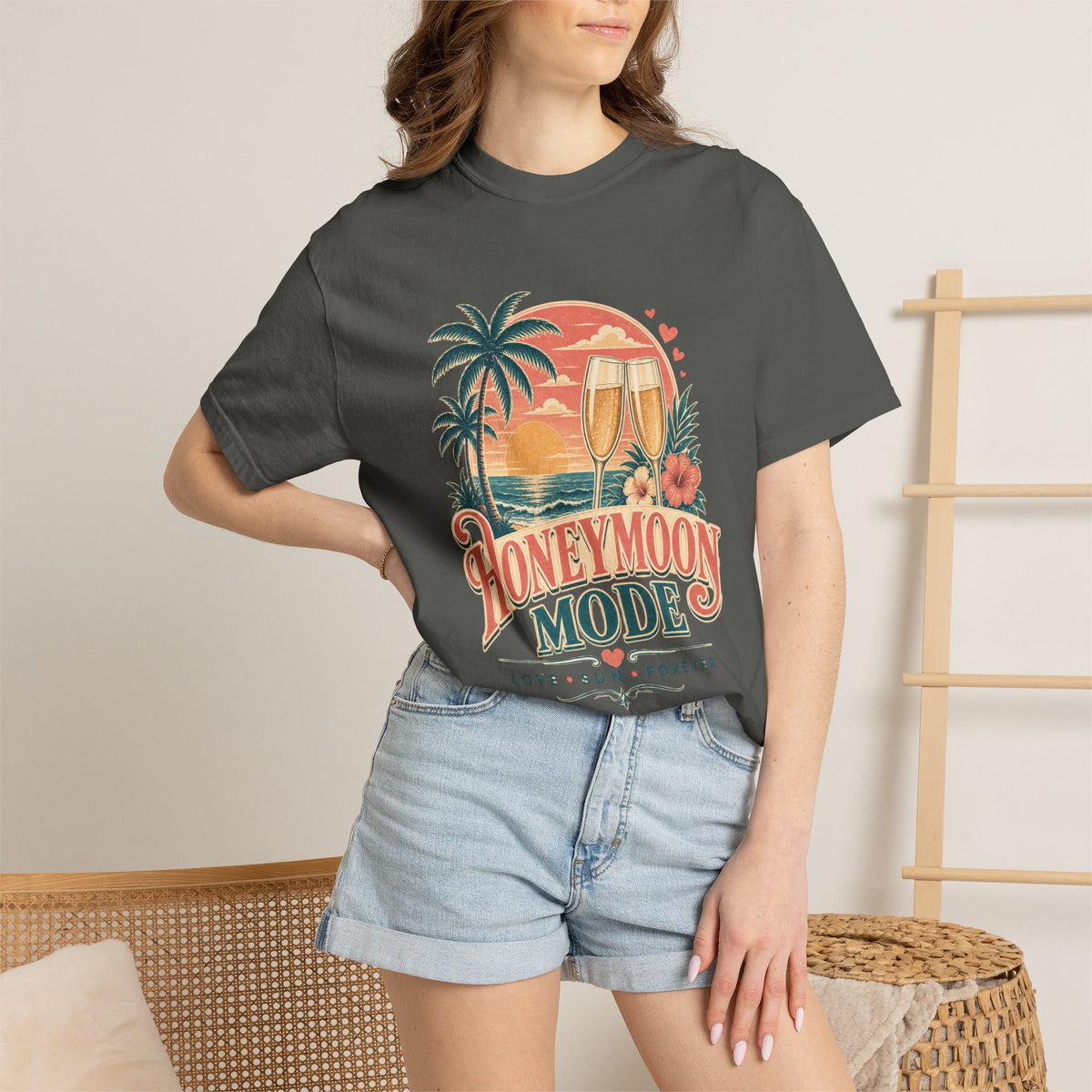 Honeymoon Mode T-Shirt — Tropical Sunset Couple Vacation Tee